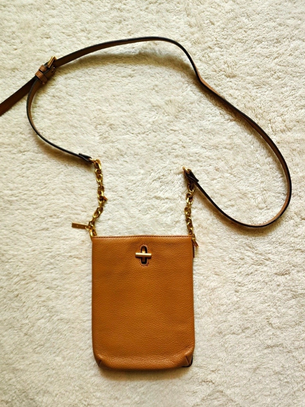 Thacker Tan Leather Pebbled Crossbody Phone Bag Gold Chain Turn Lock
